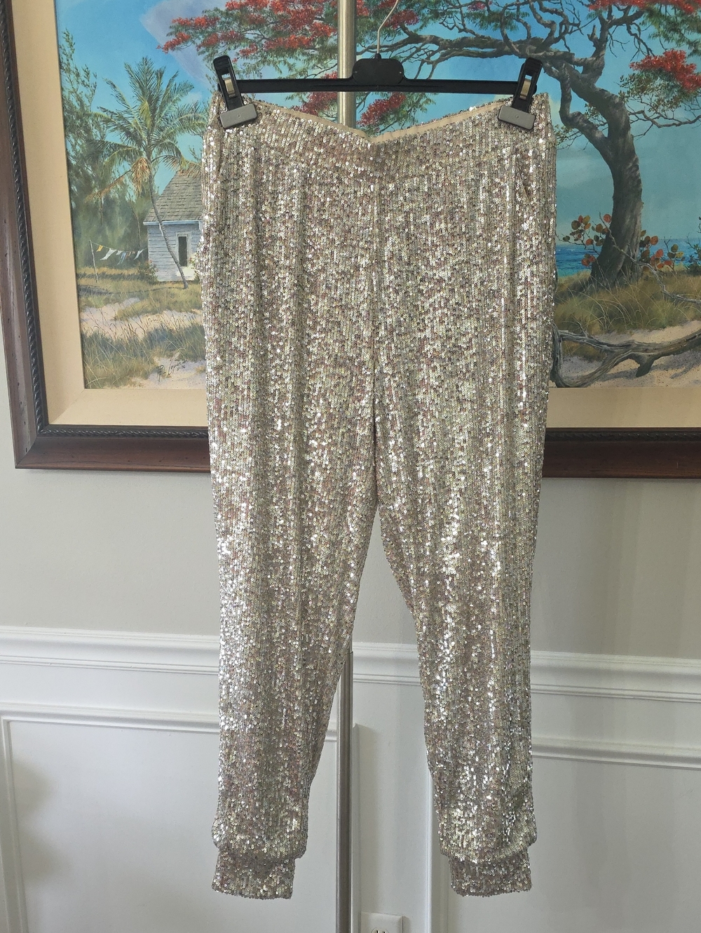 Silver Sequin Jogger Pants with Elastic Waist